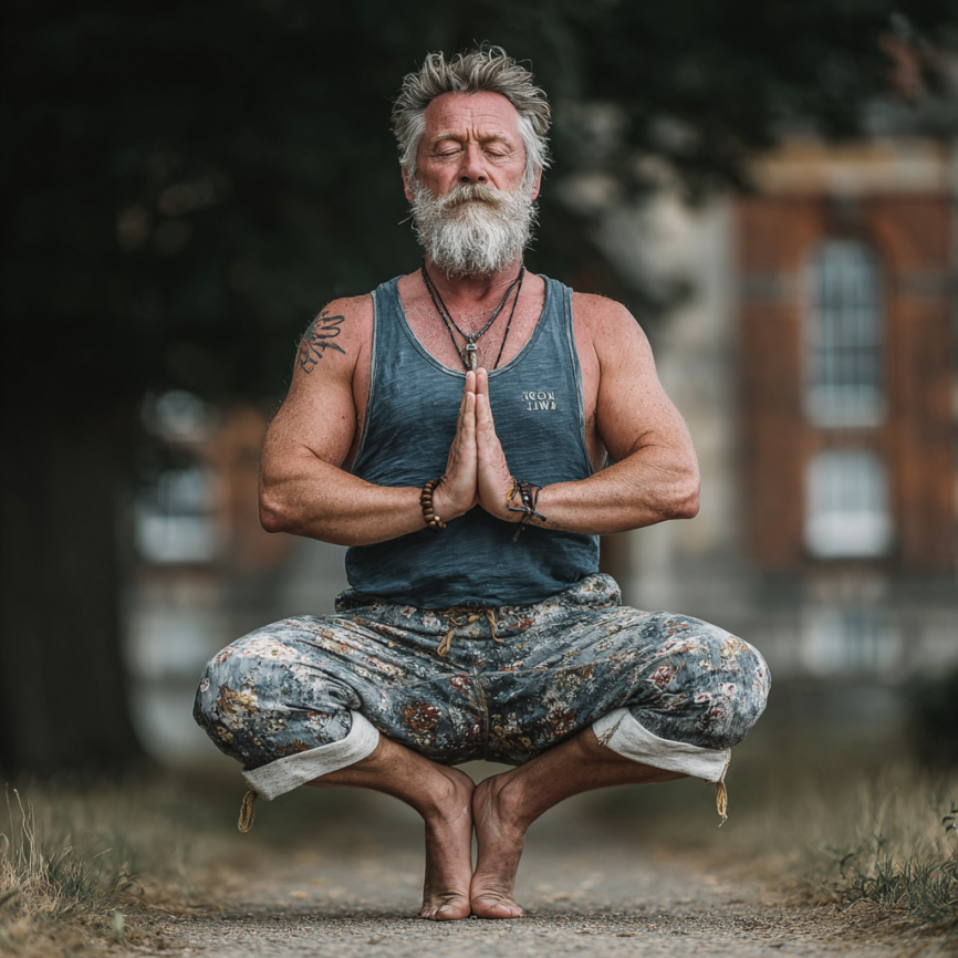 Grup de seniori practicând yoga în aer liber